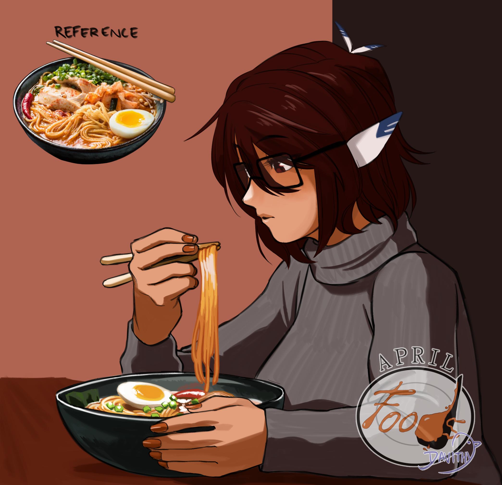 Drawing of my character Daisey eating dinner - ramen
