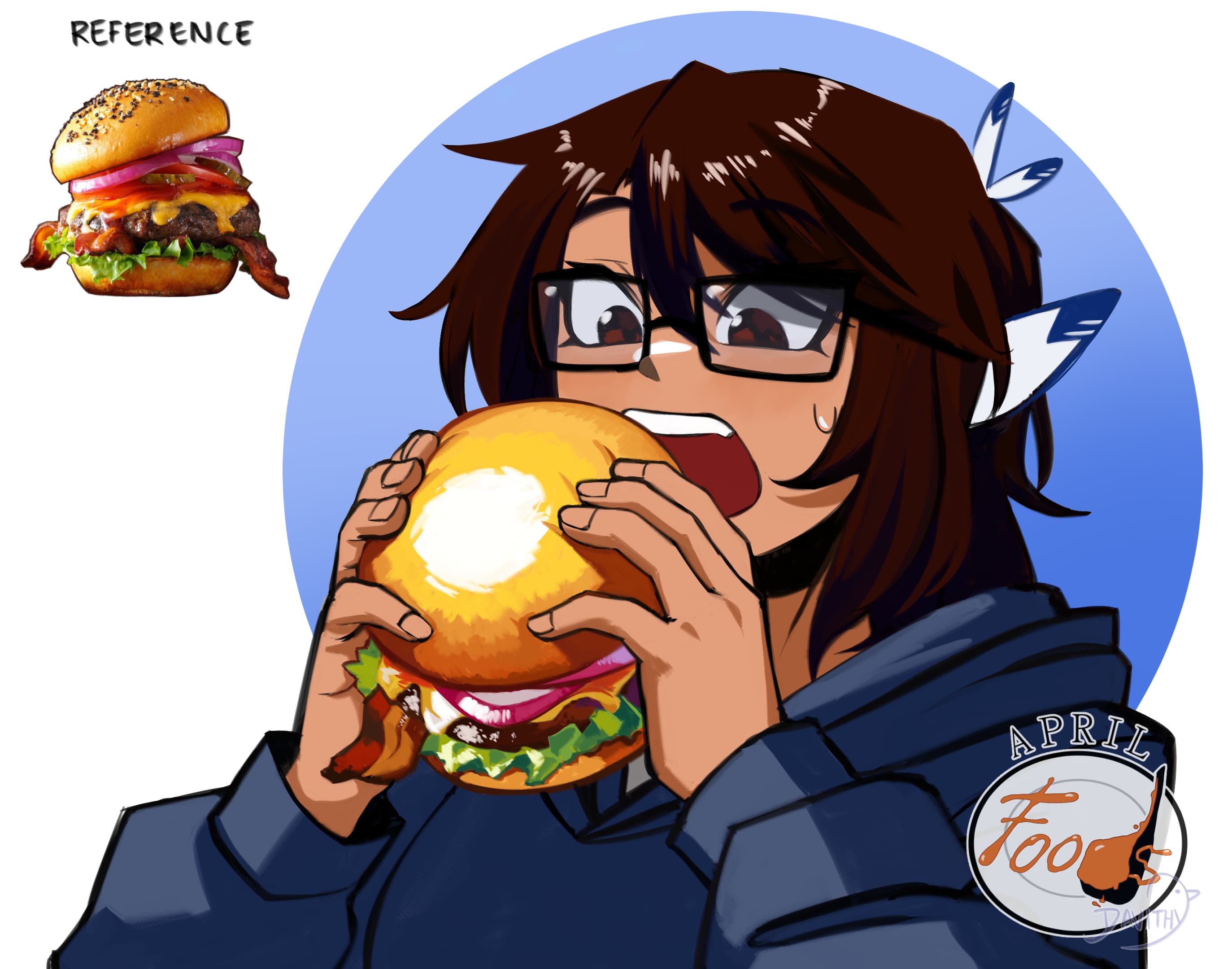Drawing of my character Daisey eating lunch - a burger