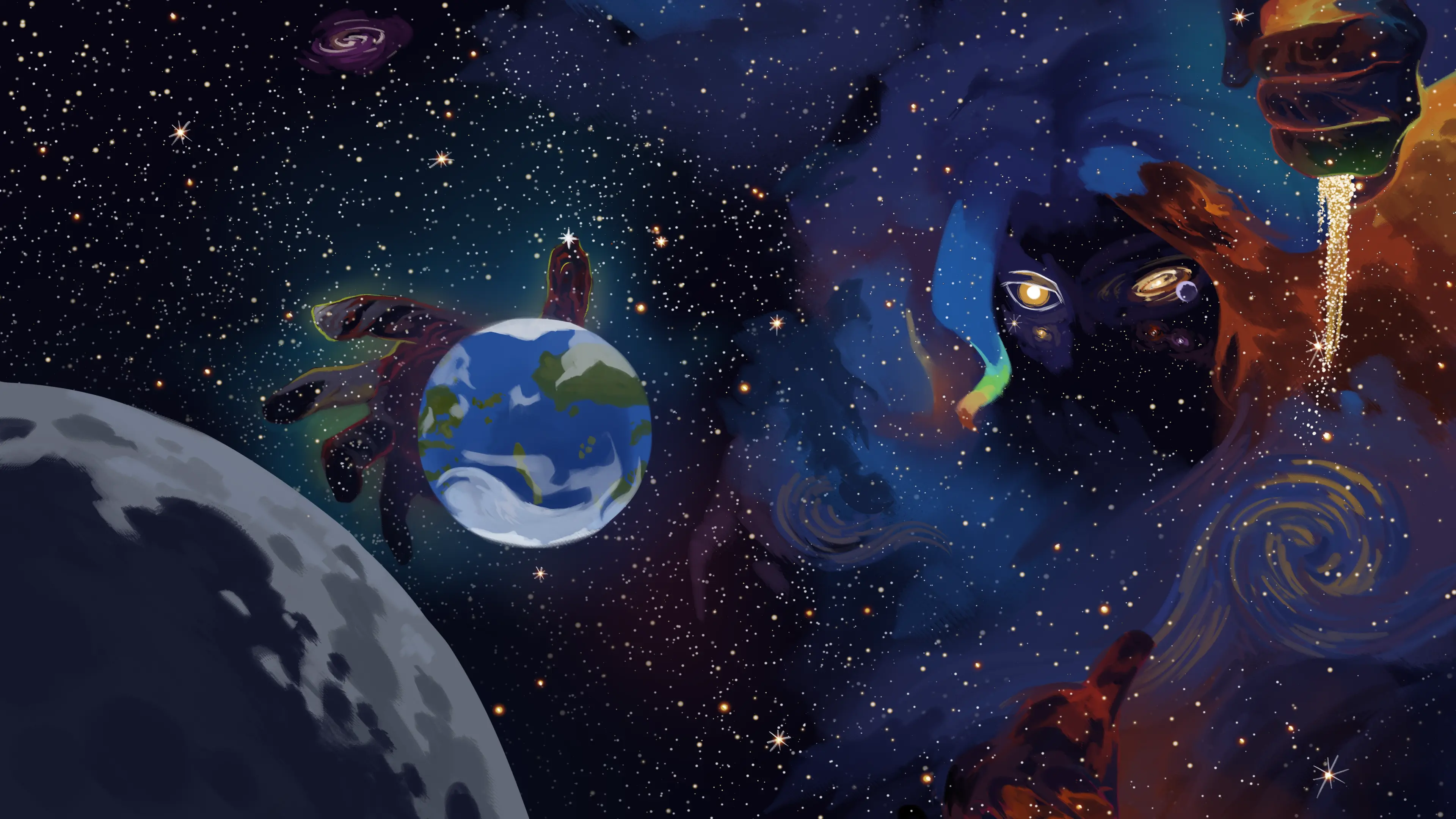 a depiction of a universal deity forging the stars with THEIR left hand, and reshaping the world with THEIR right hand.