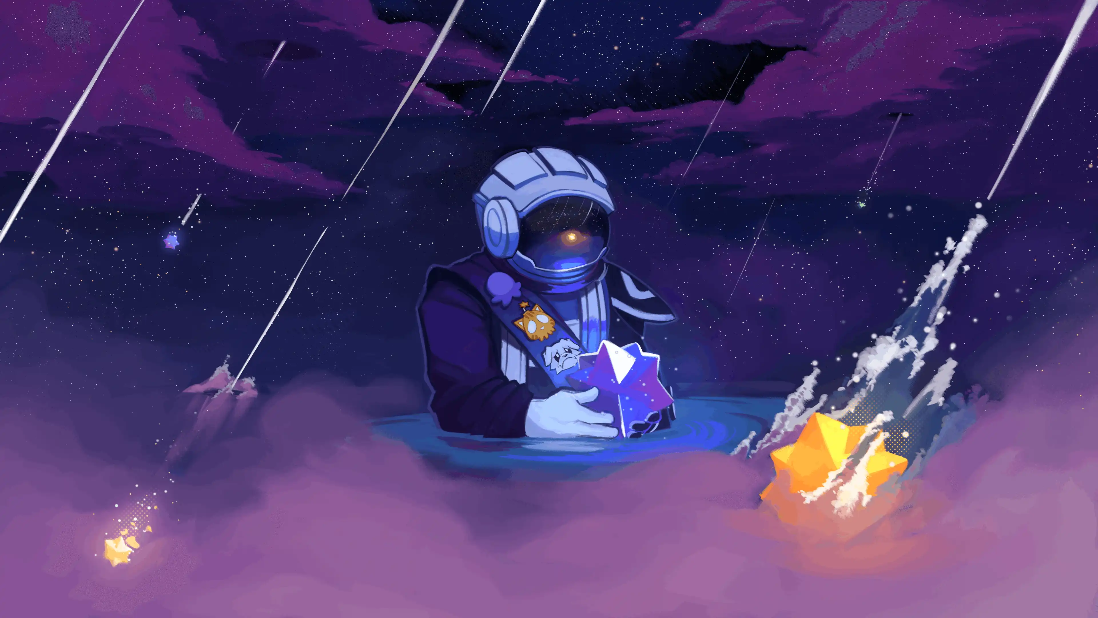 An illustration commission of a space astronaut seated among the stars, holding onto one starbit as more starbits fall around him.