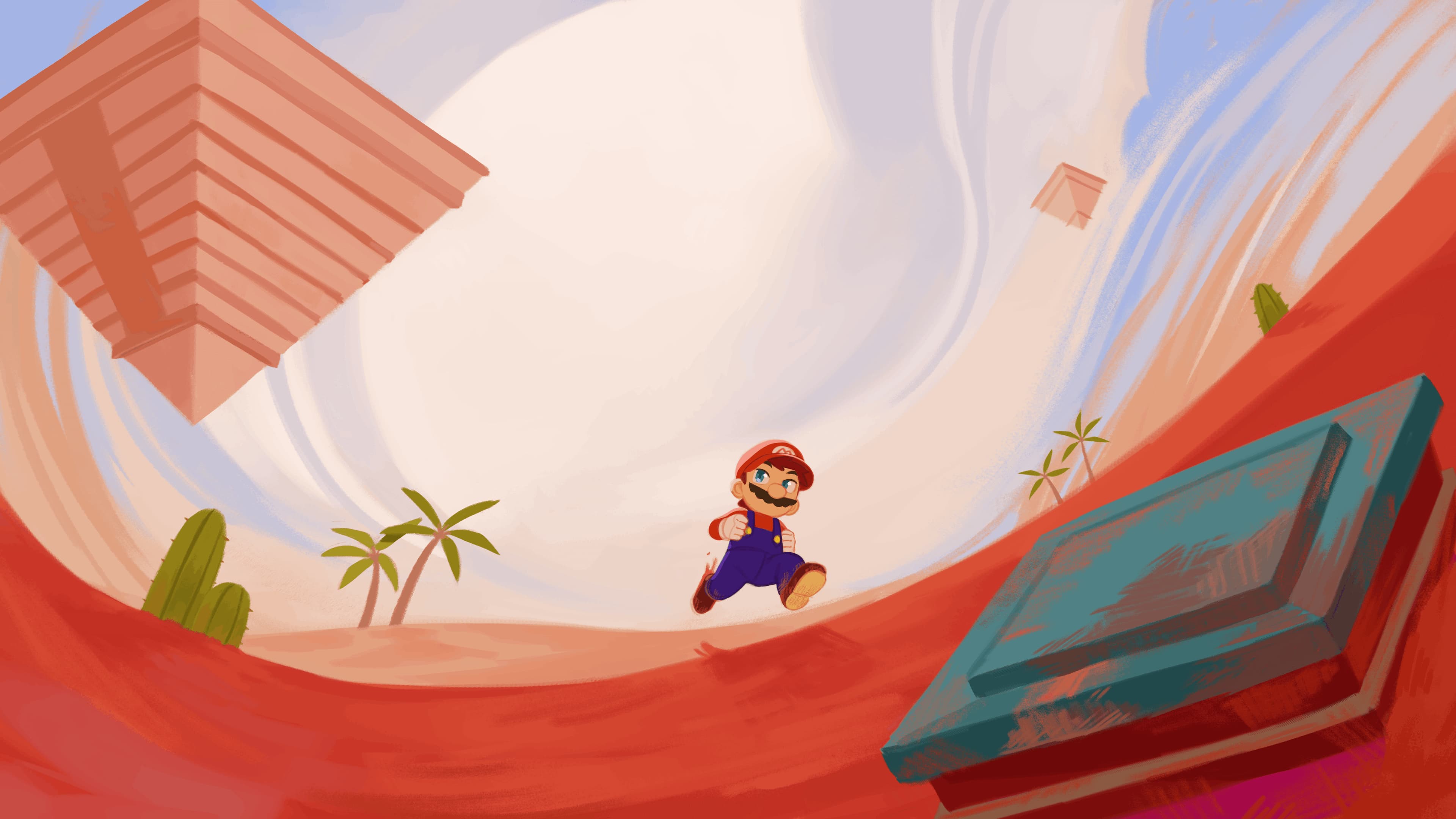Mario running between the floating pyramids and sand dunes of the sand kingdom.
